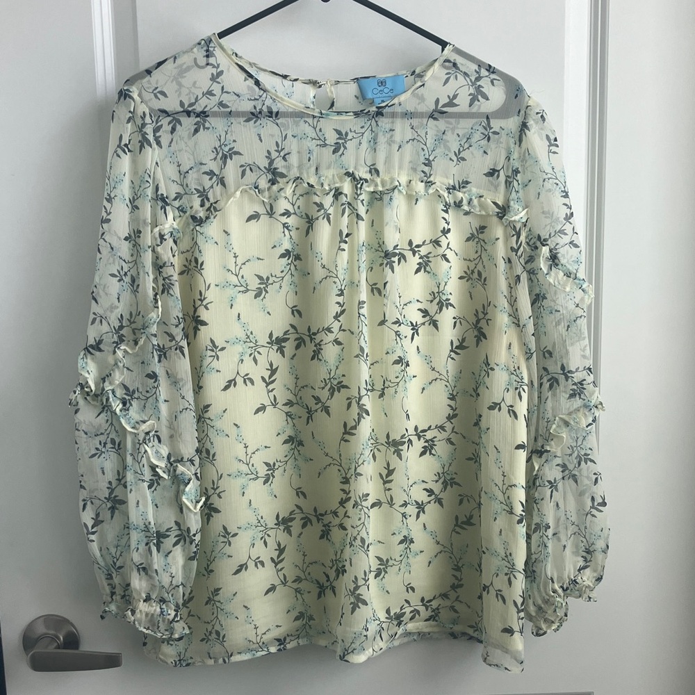 Cece Yellow Floral Sheer Ruffle Blouse